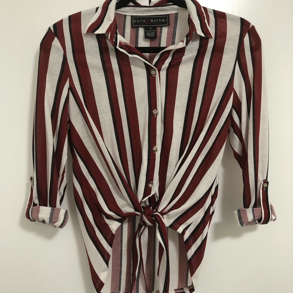 Collared tie front rolled sleeve top